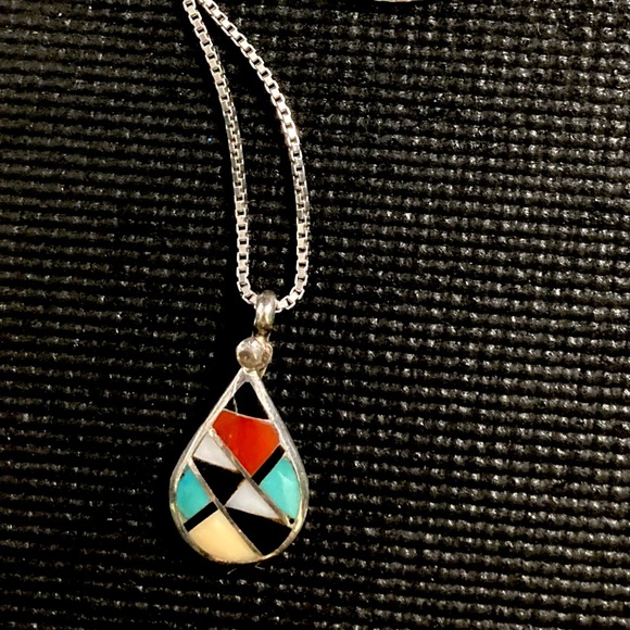 Signed Ralph Lillie Kallestewa RLK Sterling Silver Zuni Inlay Pendant Necklace - Picture 10 of 12